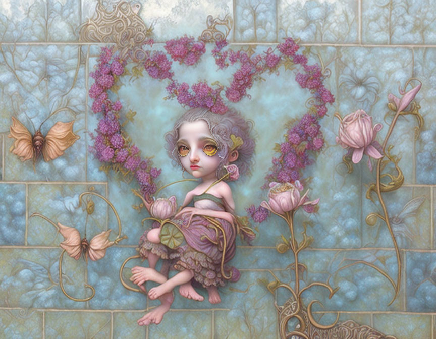 Childlike figure in floral heart with roses and butterflies