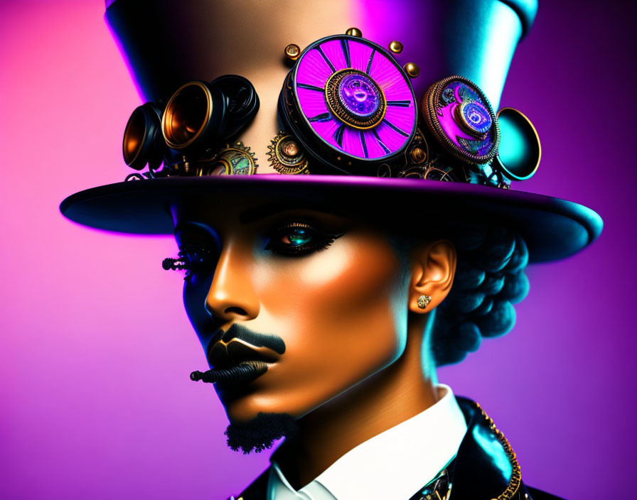 Portrait of a person with steampunk accessories on gradient background