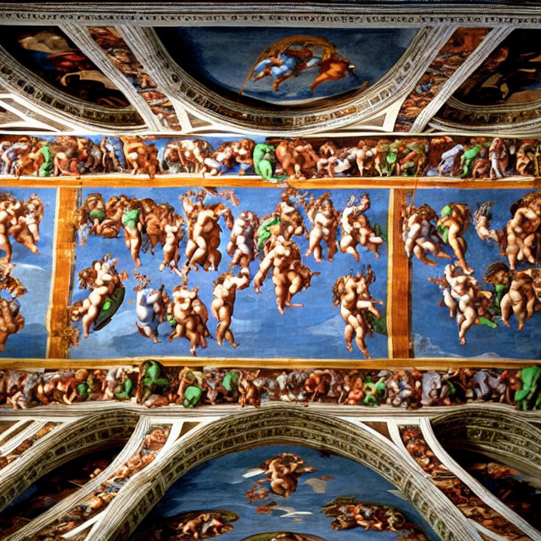 Vibrant biblical scenes on frescoed ceiling with ornate details