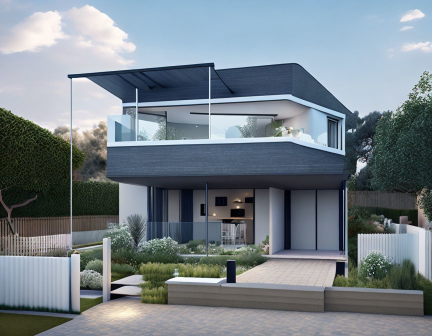 Contemporary two-story house with flat roof, glass balcony, minimalist landscaping, dusk sky