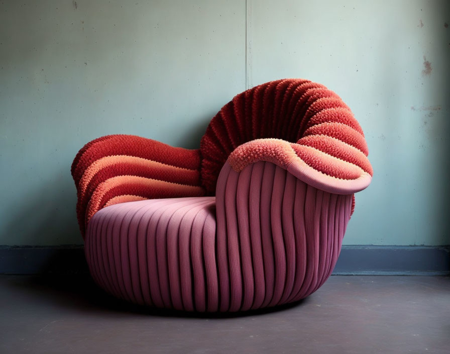 Pink to Red Gradient Armchair with Wavy Backrest on Blue Wall