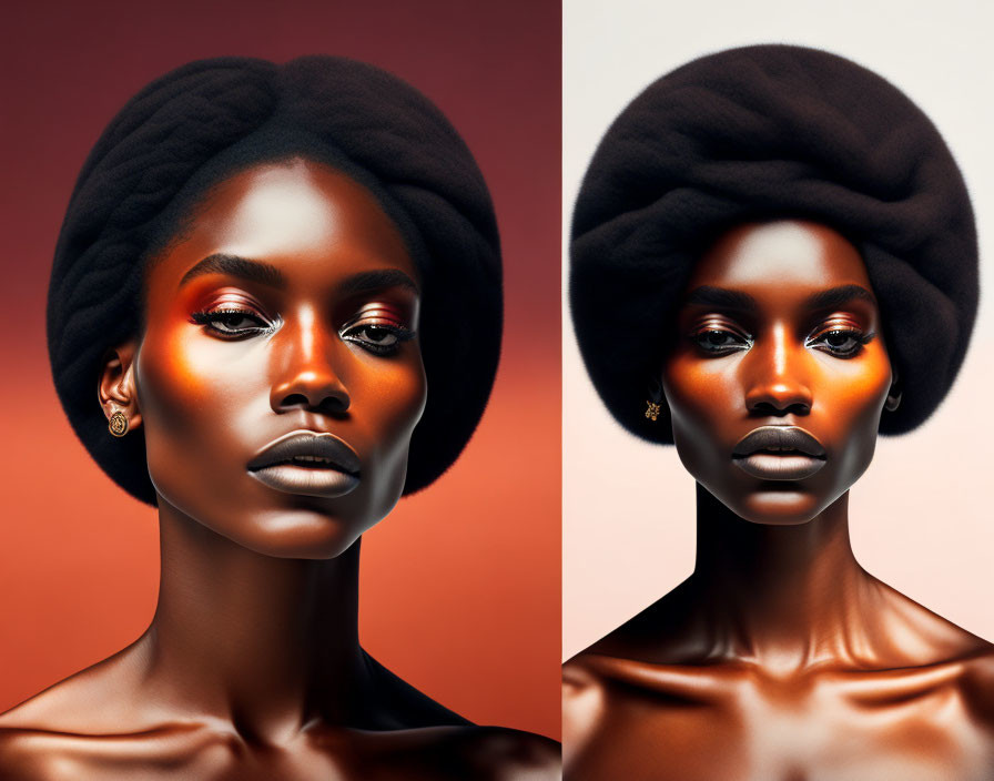 Dual striking makeup portraits with black turban headpiece on orange backdrop