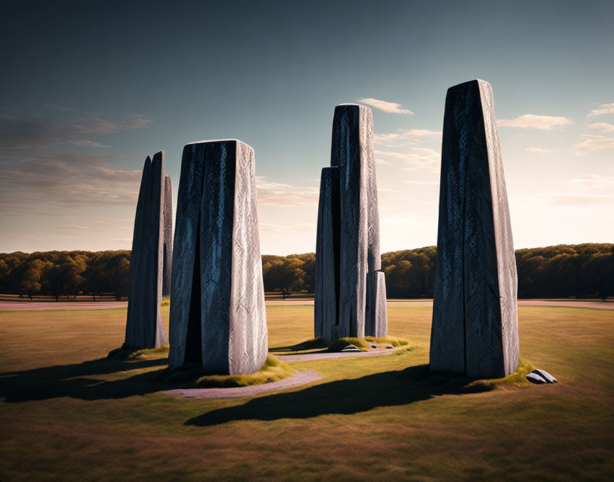 Monolithic Stone Structures in Grassy Field with Long Shadows