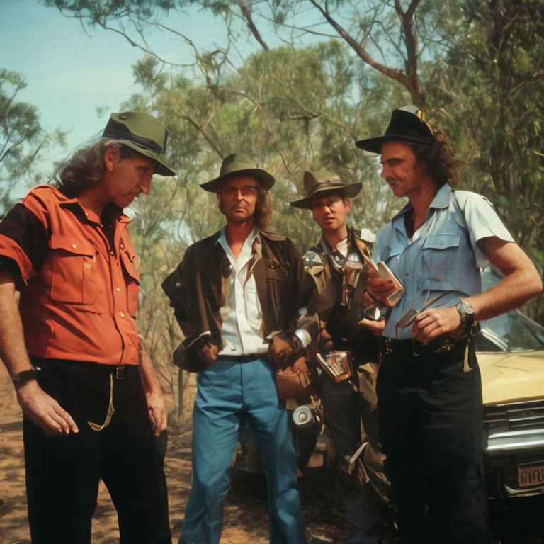 Four Men in Outdoor Attire with Hats Standing in Clearing with Camera and Car in Background