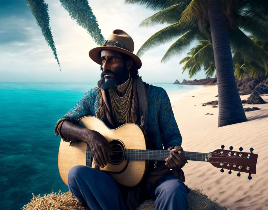 Bearded man in hat playing guitar on beach with palm trees and blue water