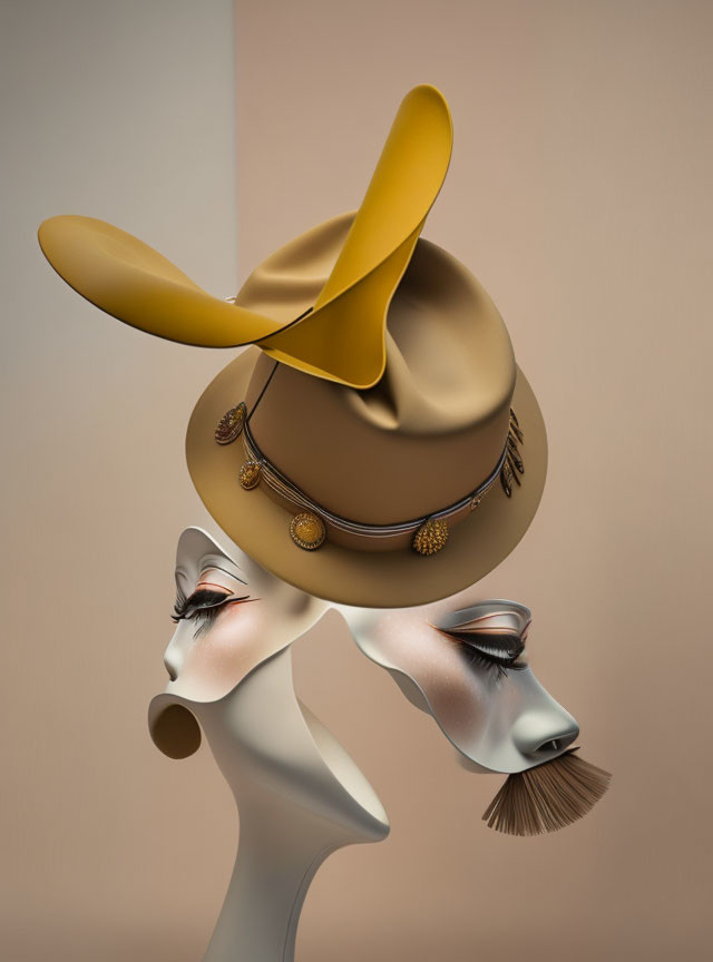 Surrealist image: Two mannequin heads with floating golden hat