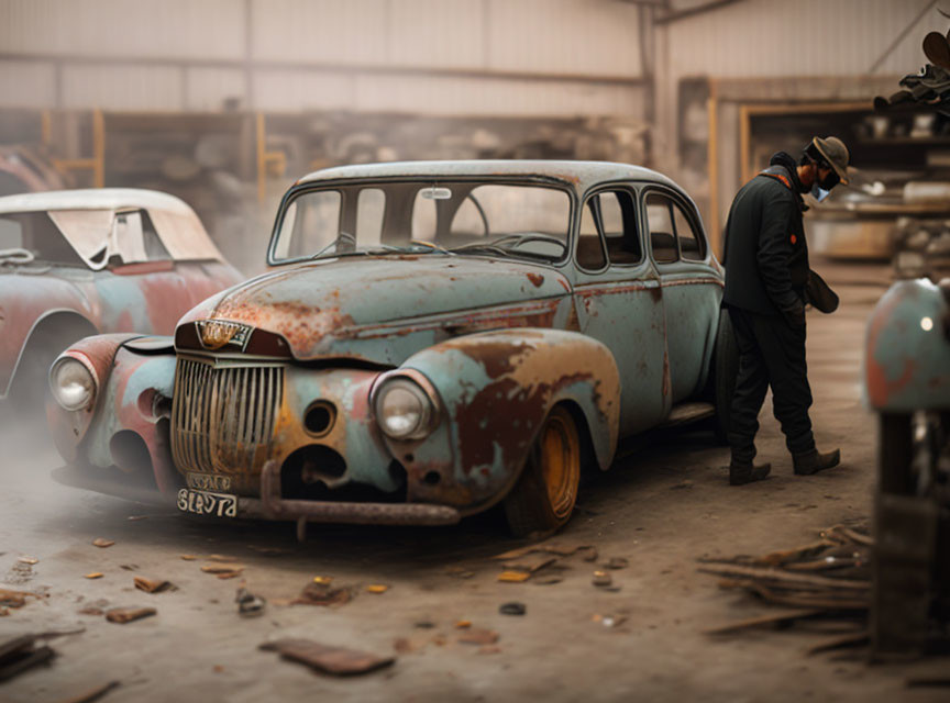 Vintage Car Workshop Inspection Scene with Worker in Work Attire