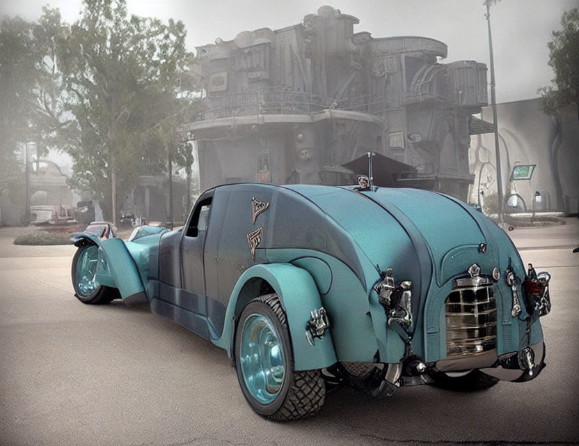 Custom retro-futuristic teal car with exposed engine elements and chrome accents in industrial setting