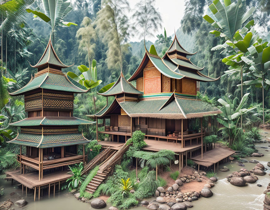 Traditional Thai-style house with tiered roofs in lush tropical setting