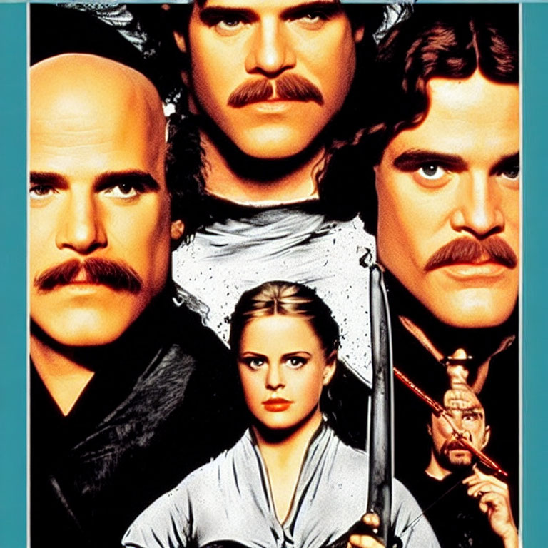 Movie poster montage: woman with sword and intense men with mustaches