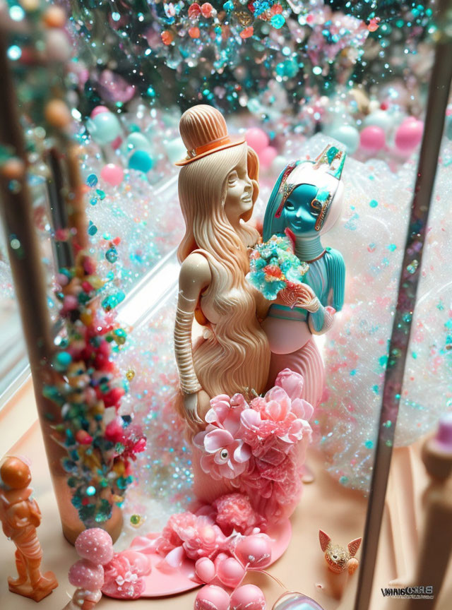 Colorful whimsical mermaid figurines with floral and sparkly accents on dreamy background