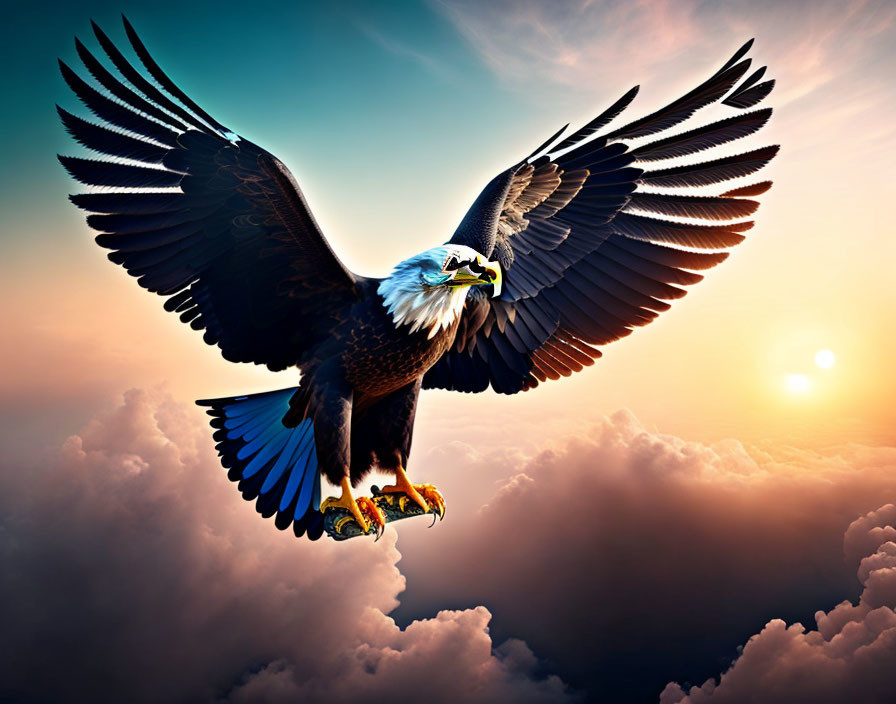 Majestic eagle soaring in vivid sunset sky