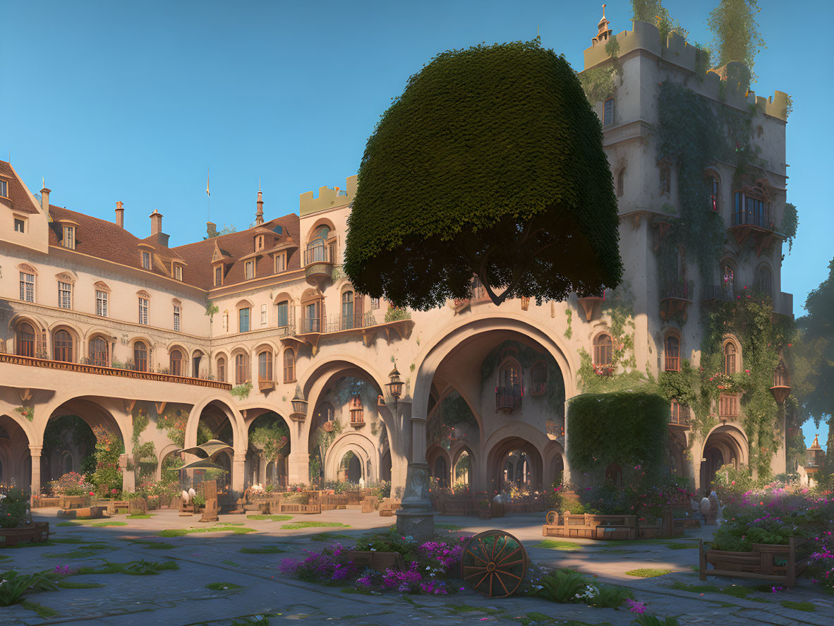 Blooming flowers, tree, archways in sunlit castle courtyard