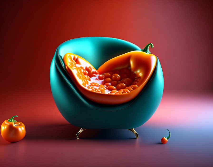 Surreal turquoise egg chair sliced open with tomato interior on red background