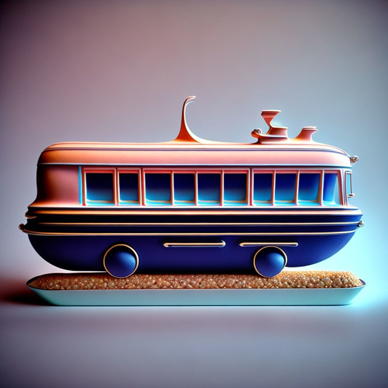 Whimsical stylized trolley/bus on retro-futuristic gradient background