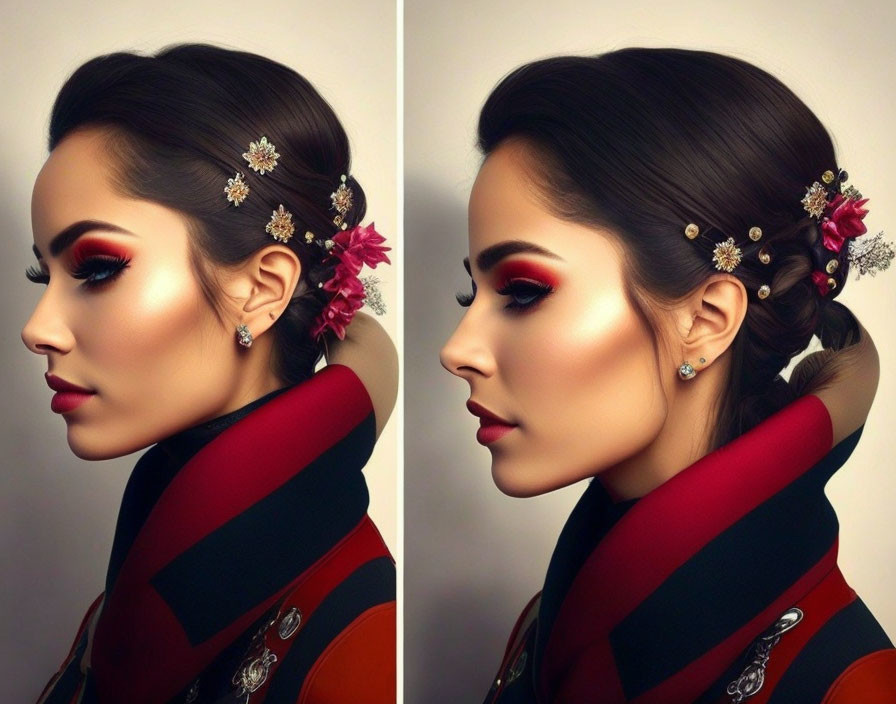 Profile Views of Woman with Elegant Makeup & Floral Hair Accessories