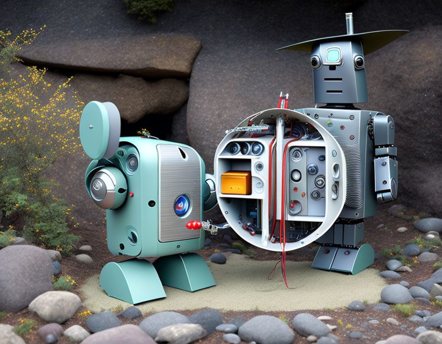 Cartoon-style robots with open chest outdoors among rocks and foliage