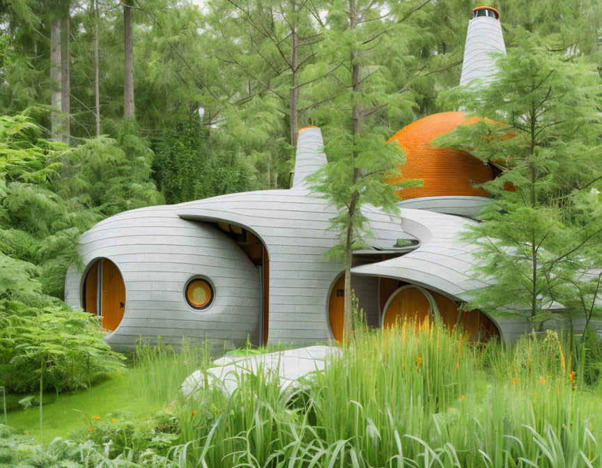 Modern House with Curved Walls and Orange Round Windows in Green Forest