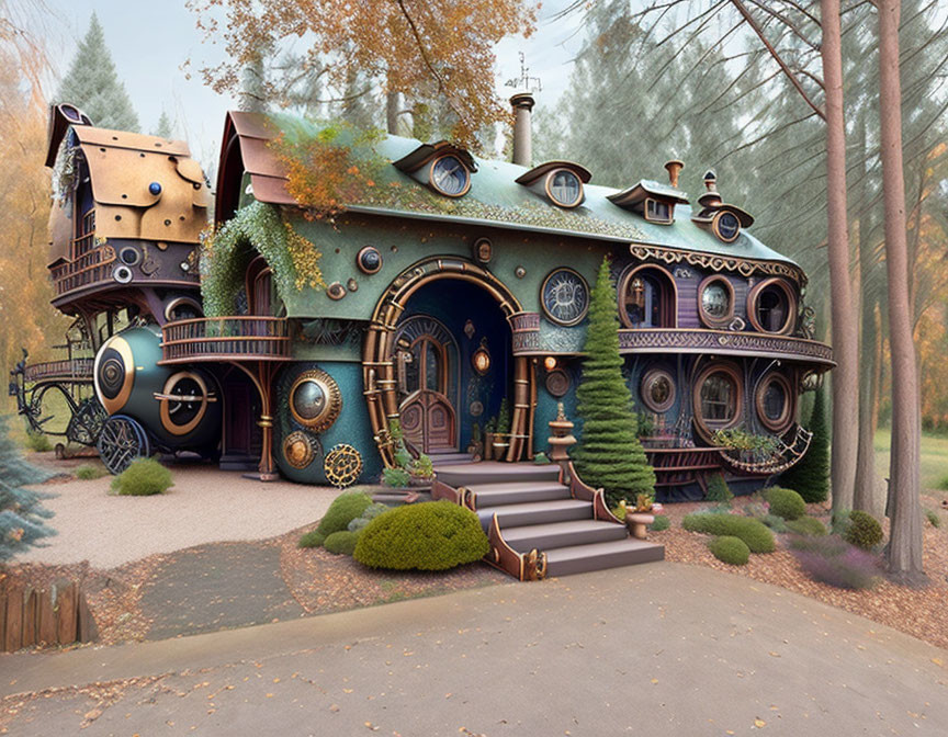 Steampunk-inspired house with cog and gear details in forest