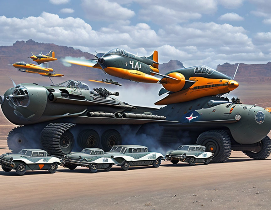 Surreal digital artwork: WWII aircraft and ground vehicles convoy in desert landscape