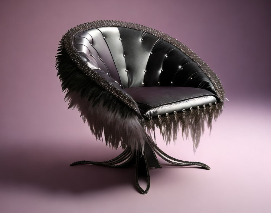 Black Wingback Armchair Tufted with Buttons and Fringed with Feathers on Purple Background