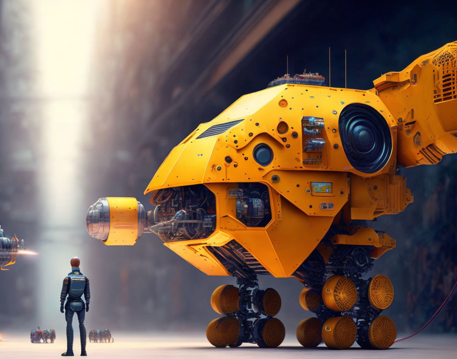 Futuristic industrial scene with person, yellow robot, and hovering drones