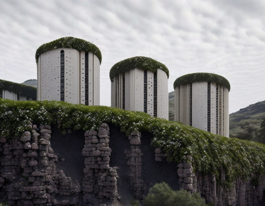 Cylindrical towers with greenery, stone wall, hills, cloudy sky