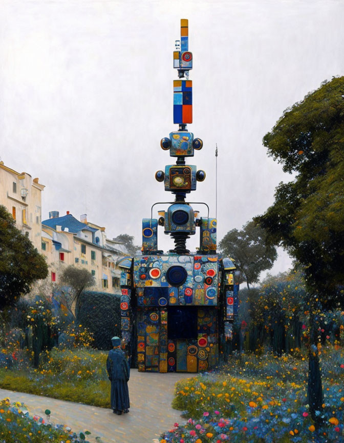 Artwork featuring person observing colorful devices in flower-filled landscape