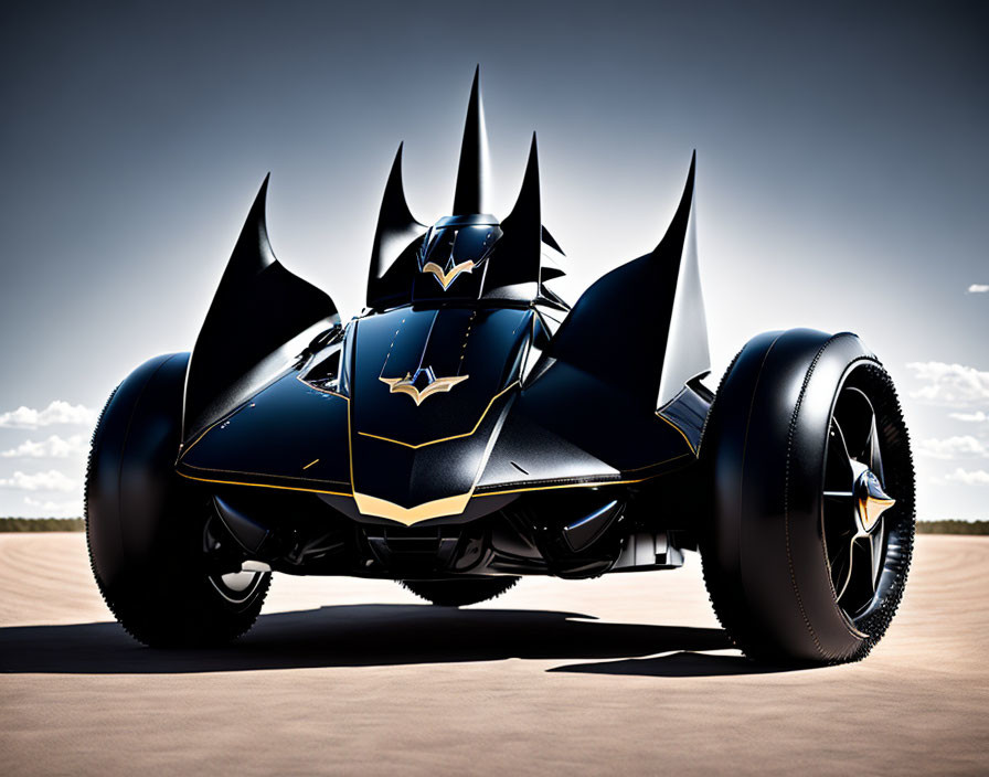 Black Batmobile with sharp edges and iconic emblem on open road