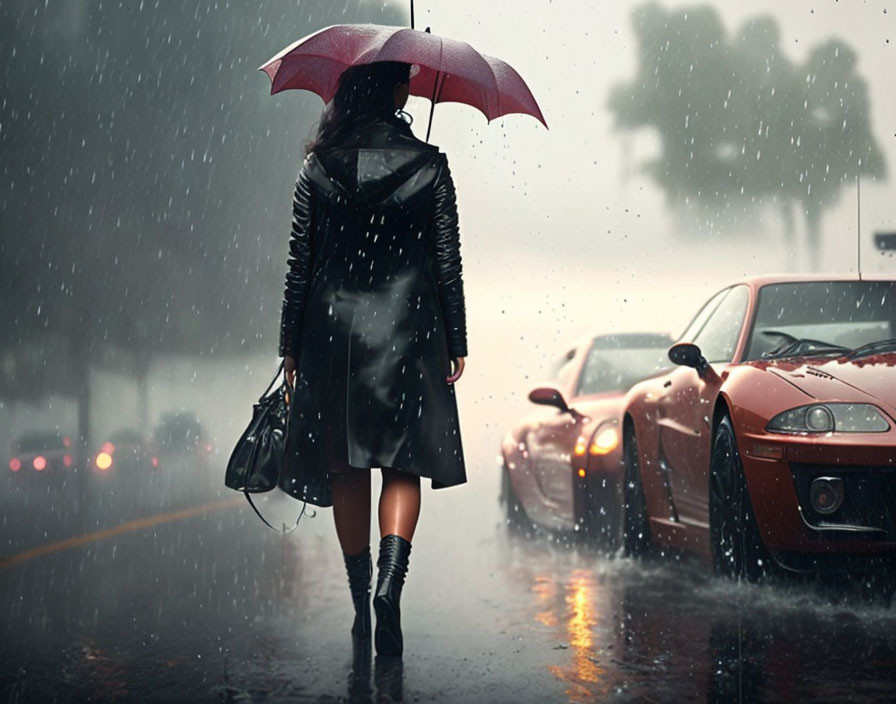 Pedestrian with umbrella strolling near parked cars in rain.