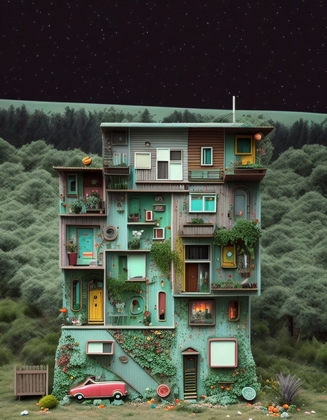 Quirky illustration of narrow house with plants under starry sky