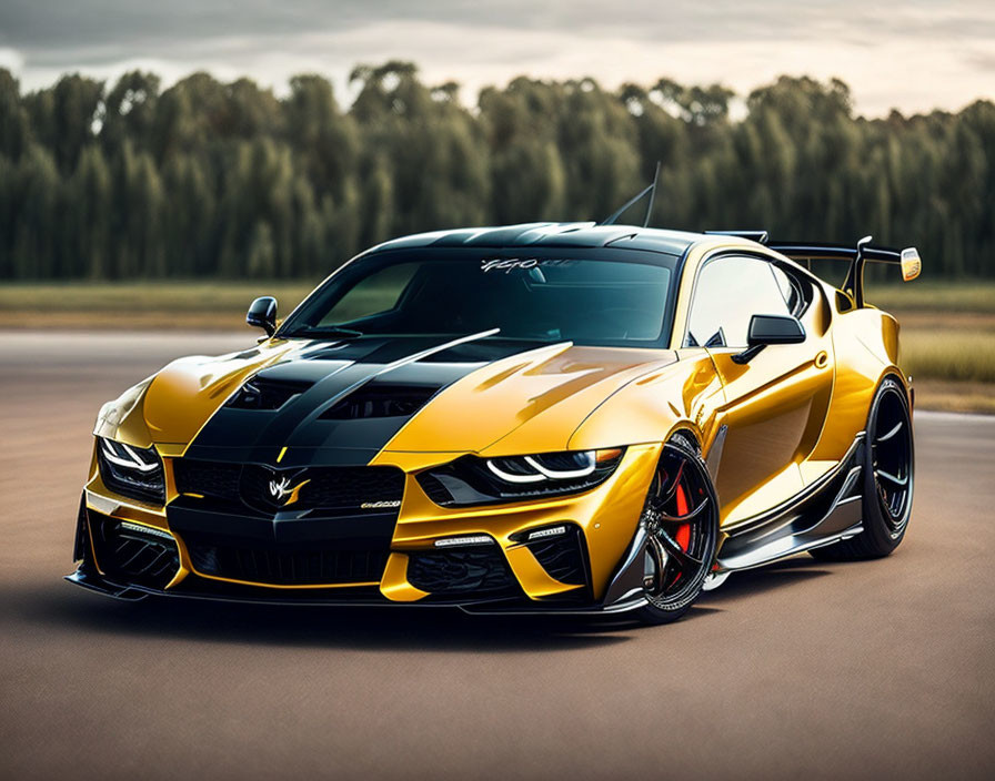 Yellow Sports Car with Black Stripes and Rear Spoiler on Asphalt Surface