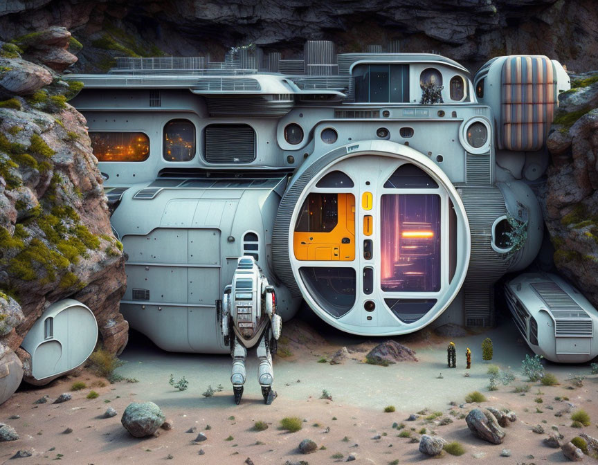 Futuristic base with circular entrance in rocky terrain and humanoid robot.