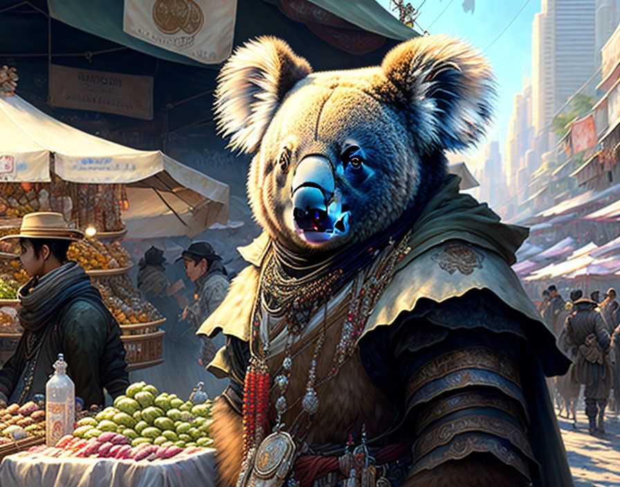 Fantasy Attired Koala in Vibrant Market Setting