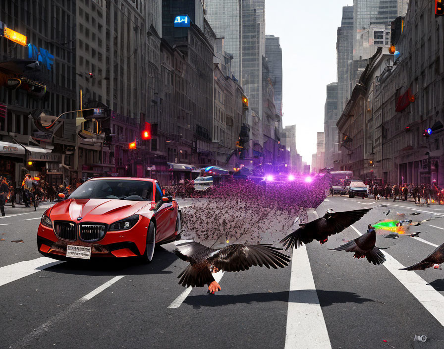 Red Sports Car in Urban Street Scene with City Buildings and Flying Cars