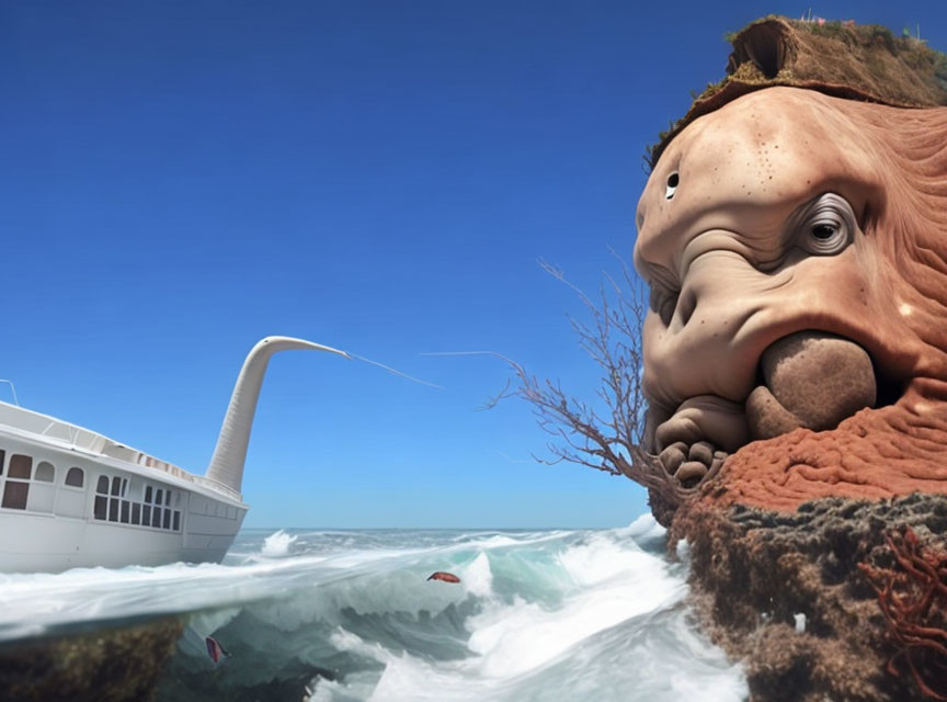 Surreal image: giant octopus with human-like eye, boat, mammoth's trunk,