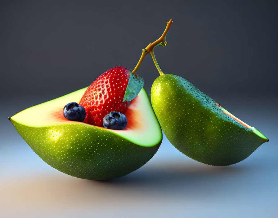 Halved avocado with strawberry, blueberries, and twig on gradient background