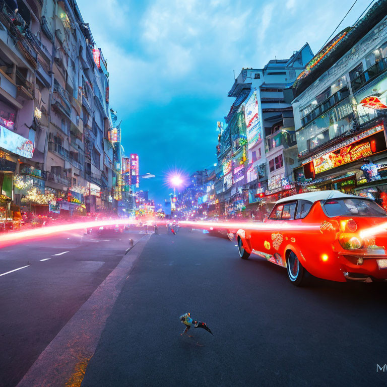 Colorful Dusk Street Scene with Illuminated Signs, Red Car, and Flying Bird