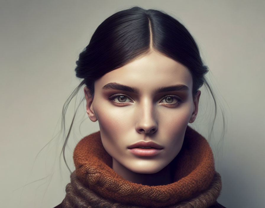 Woman in high-neck brown sweater with striking eyebrows and slicked back dark hair.