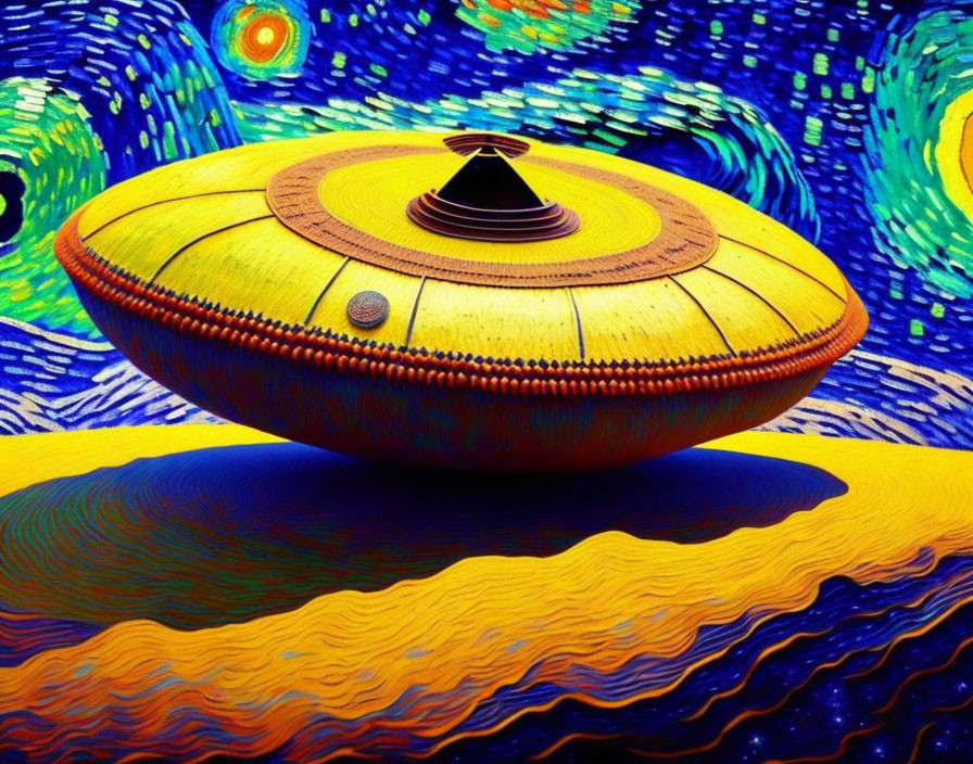 Wooden UFO on Van Gogh-inspired Starry Night landscape