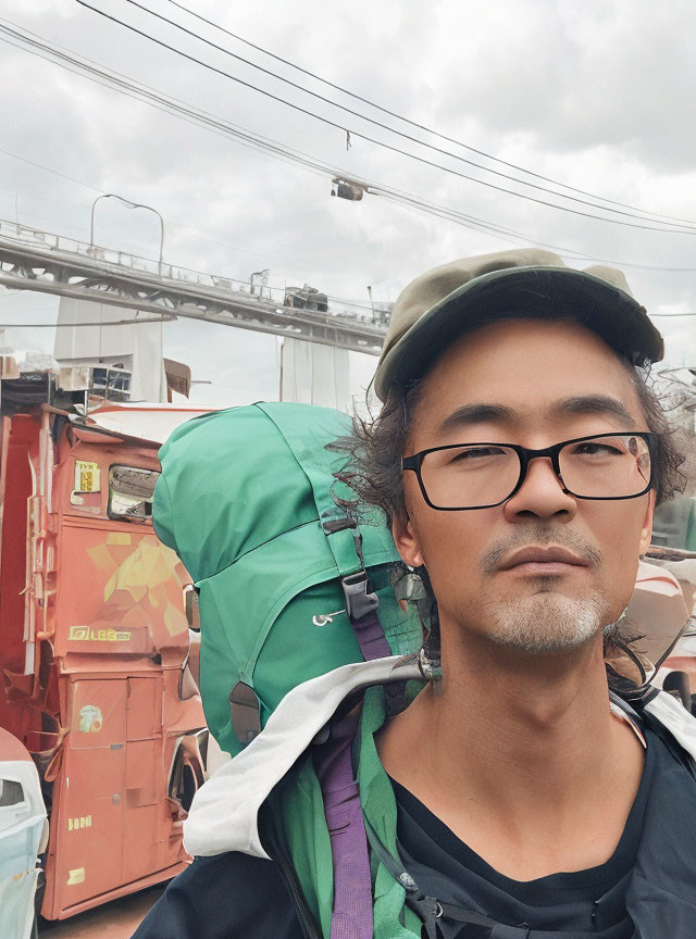 Person with Glasses and Green Backpack in Urban Setting with Bridge and Cable Car