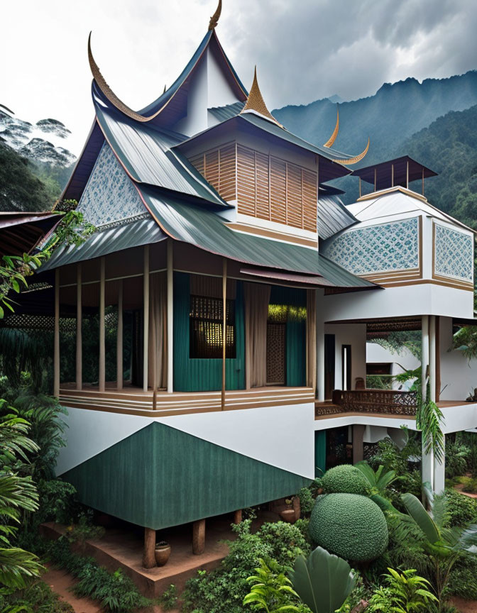 Traditional Style House with Pointed Roofs Surrounded by Greenery