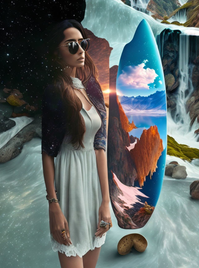 Woman in sunglasses with mountain surfboard under starry sky