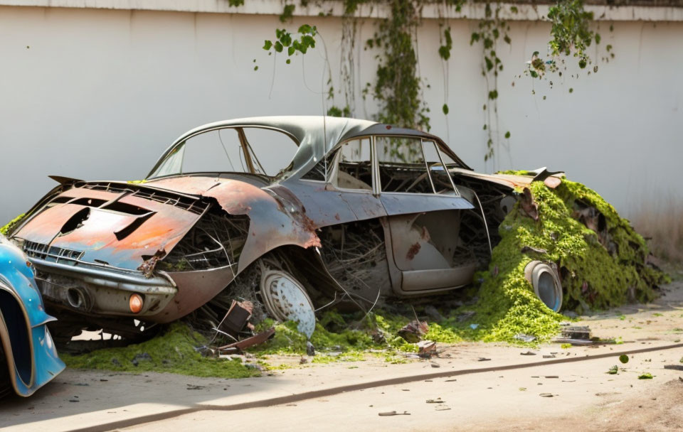 Rusted car covered in vegetation parked against ivy-covered wall