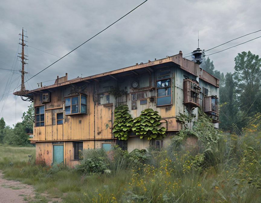 Abandoned ship-shaped building covered in foliage under cloudy sky