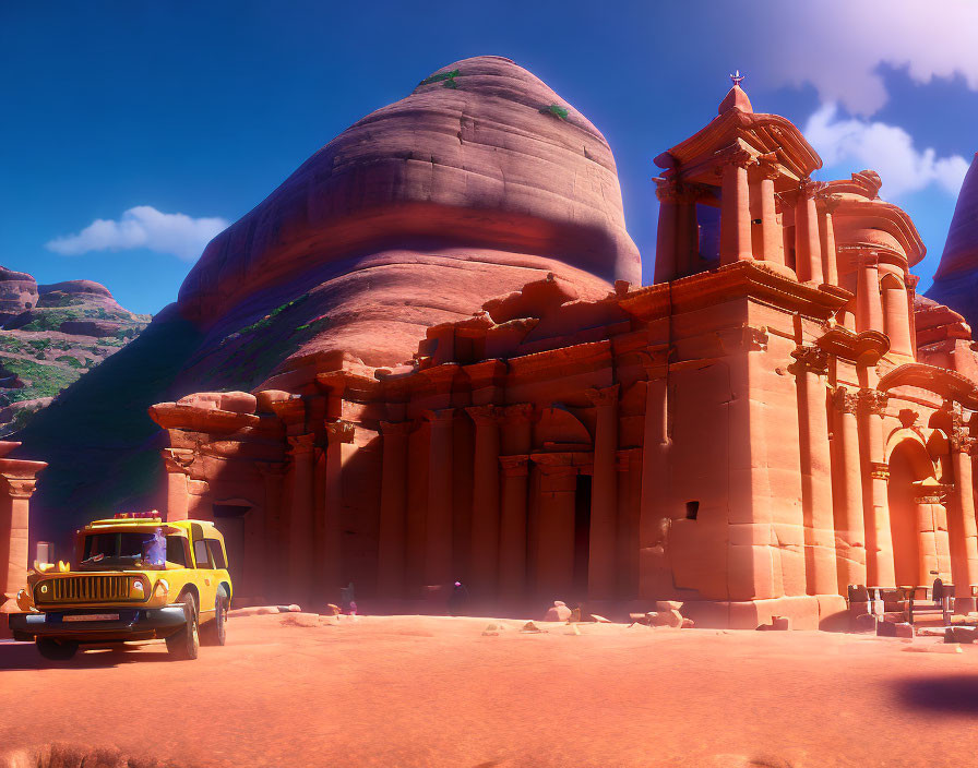 Yellow off-road vehicle parked in front of ancient rock-cut facade with Corinthian columns