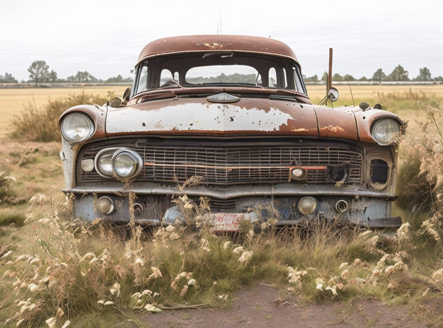 Rusted abandoned truck in overgrown field with cloudy sky