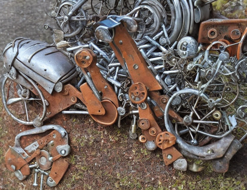 Metal motorcycle sculpture with gears, chains, and rustic texture