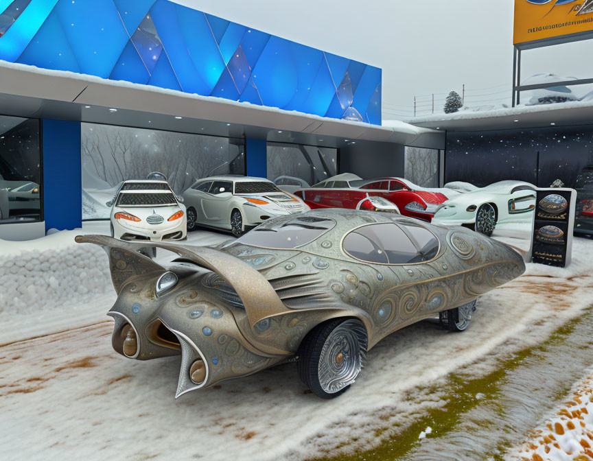 Ornate futuristic concept car at snowy modern dealership