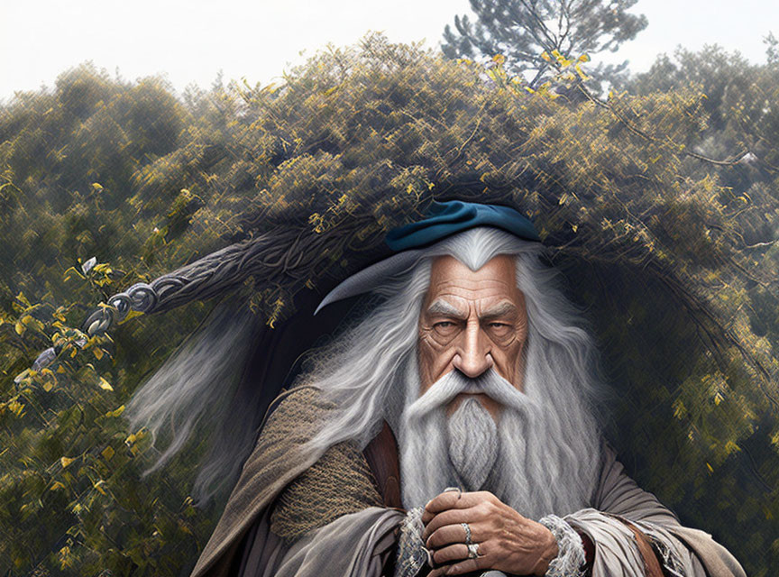 Wizard with Long White Beard and Pointed Hat Camouflaged by Tree Branches